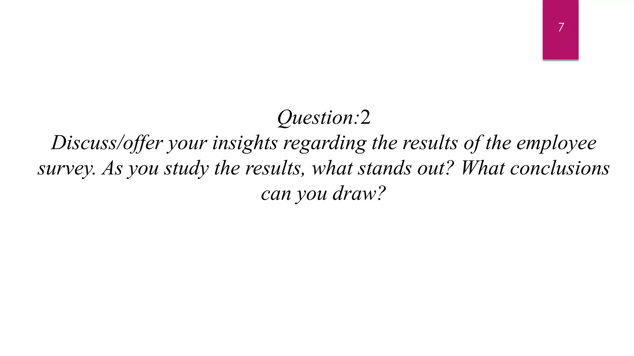 Question:2
Discuss/offer your insights regarding the results of the employee
survey. As you study the results, what stands out? What conclusions
can you draw?
7
 