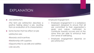 EXPLANATION
 Job Satisfaction:
The term job satisfaction describes a
positive feeling about a job, resulting
from an eva...