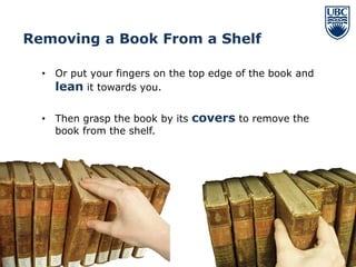Removing a Book From a Shelf

  • Or put your fingers on the top edge of the book and
    lean it towards you.

  • Then grasp the book by its covers to remove the
    book from the shelf.




                                                          12
 