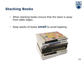 Stacking Books

  • When stacking books ensure that the stack is away
    from table edges.


  • Keep stacks of books small to avoid toppling.




                                                        19
 