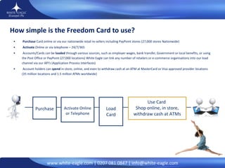 How simple is the Freedom Card to use? Purchase  Card online or via our nationwide retail re-sellers including PayPoint stores (27,000 stores Nationwide) Activate  Online or via telephone – 24/7/365 Accounts/Cards can be  loaded  through various sources, such as employer wages, bank transfer, Government or local benefits, or using  the Post Office or PayPoint (27,000 locations) White Eagle can link any number of retailers or e-commerce organisations into our load channel via our API’s (Application Process Interfaces)  Account holders can  spend  in-store, online, and even to withdraw cash at an ATM at MasterCard or Visa approved provider locations (35 million locations and 1.5 million ATMs worldwide)  Activate Online or Telephone Purchase Use Card  Shop online, in store, withdraw cash at ATMs Load Card 