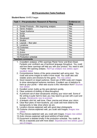 AS Pre-production Tasks Feedback
Student Name: WHITE Faegan
Task 1 – Pre-production: Research & Planning Evidence on
blog
1. Similar Products – film beginning analysis Yes
2. Genre Analysis Yes
3. Target Audience Yes
4. Script Yes
5. Drafts Yes
6. Storyboard Yes
7. Shotlist Yes
8. Layouts – floor plan Yes
9. Locations Yes
10.Costumes Yes
11.Props Yes
12.Actors Yes
13.Equipment Yes
14.Production schedule Yes
Teachers comments
1. 2 excellent analyses of film openings Planet Terror and Brain Dead.
Fantastic and confident use of technical language throughout. You could
add how these openings will help you with your product. You need to add
1 further film opening analysis. Hot Fuzz analysis now added, again
excellent detail.
2. Comprehensive history of the genre presented well using prezi. You
could add some images to make it more visual. You could also add
notable actors and directors for this genre. This now added.
3. Good research on target audience. Good use of NRS scale and images
to show stereotypical audience members. Excellent use of statistics to
back up your points – what web source is this information from? Sources
now added.
4. Excellent script, builds up the gore element quickly.
5. Clear evidence of drafting of ideas throughout.
6. A proficient set of clear storyboards showing your vision well. Some of
the writing is quite hard to read, you may need to go over with a pen and
re-scan. Storyboards now re-scanned.
7. A fantastic shot list, well done. Clear, precise and shows your vision.
8. Clear floor plans of main locations, you could add more detail to the
backgrounds to help show where we are.
9. Location choices explained well with good clear photographs
10.Costume choices explained well, you could add images. Images now
added.
11.Prop choices explained well, you could add images. Images now added.
12.Actor choices explained well good addition of head shots.
13.Equipment is detailed briefly in the production schedule. You could do
this as a separate post with more detail. Separate post now added, good
use of images.
 