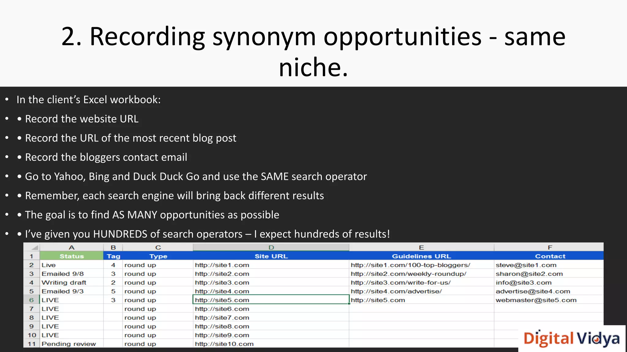 2. Recording synonym opportunities - same
niche.
• In the client’s Excel workbook:
• • Record the website URL
• • Record the URL of the most recent blog post
• • Record the bloggers contact email
• • Go to Yahoo, Bing and Duck Duck Go and use the SAME search operator
• • Remember, each search engine will bring back different results
• • The goal is to find AS MANY opportunities as possible
• • I’ve given you HUNDREDS of search operators – I expect hundreds of results!
 