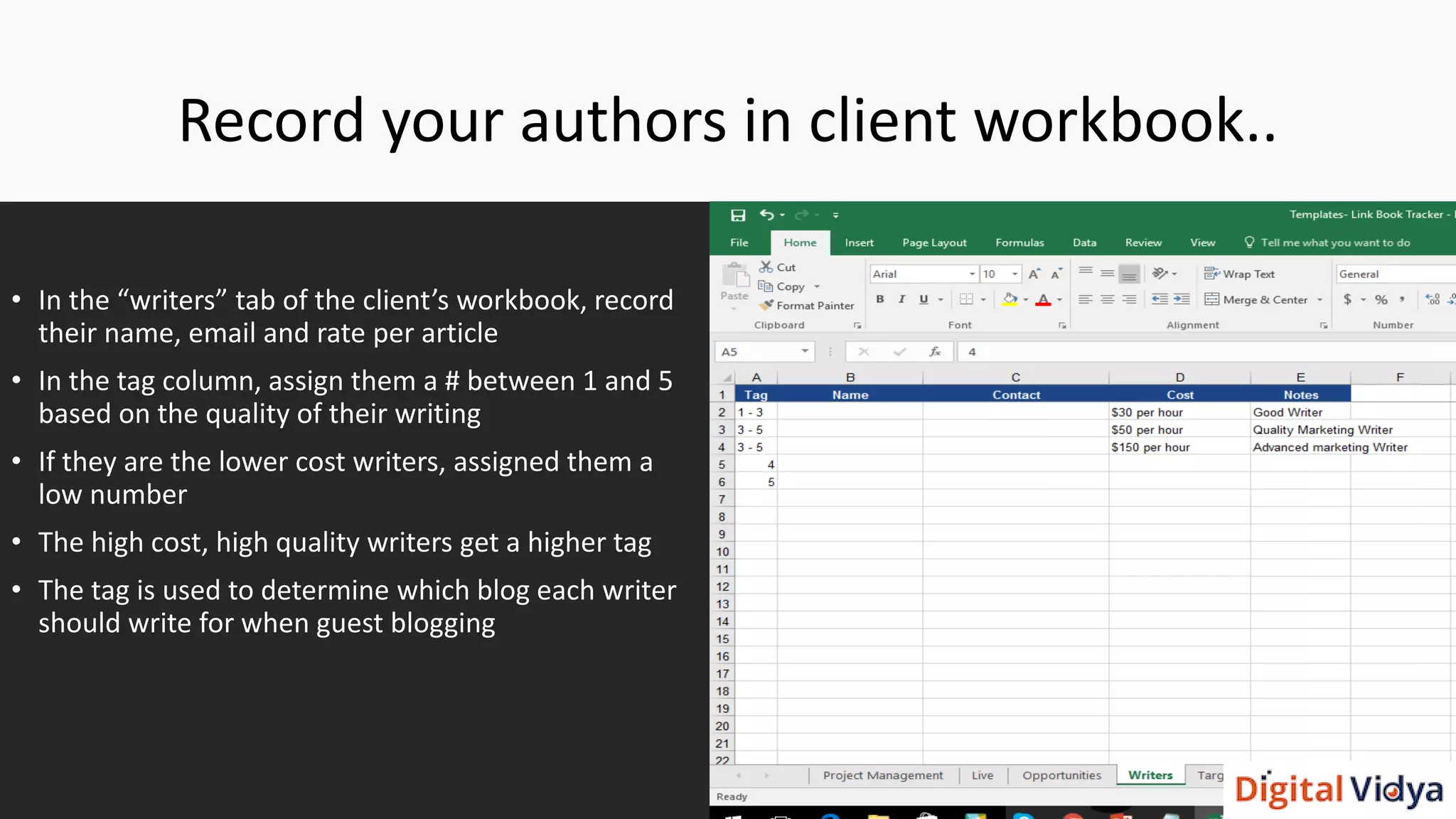 Record your authors in client workbook..
• In the “writers” tab of the client’s workbook, record
their name, email and rate per article
• In the tag column, assign them a # between 1 and 5
based on the quality of their writing
• If they are the lower cost writers, assigned them a
low number
• The high cost, high quality writers get a higher tag
• The tag is used to determine which blog each writer
should write for when guest blogging
 