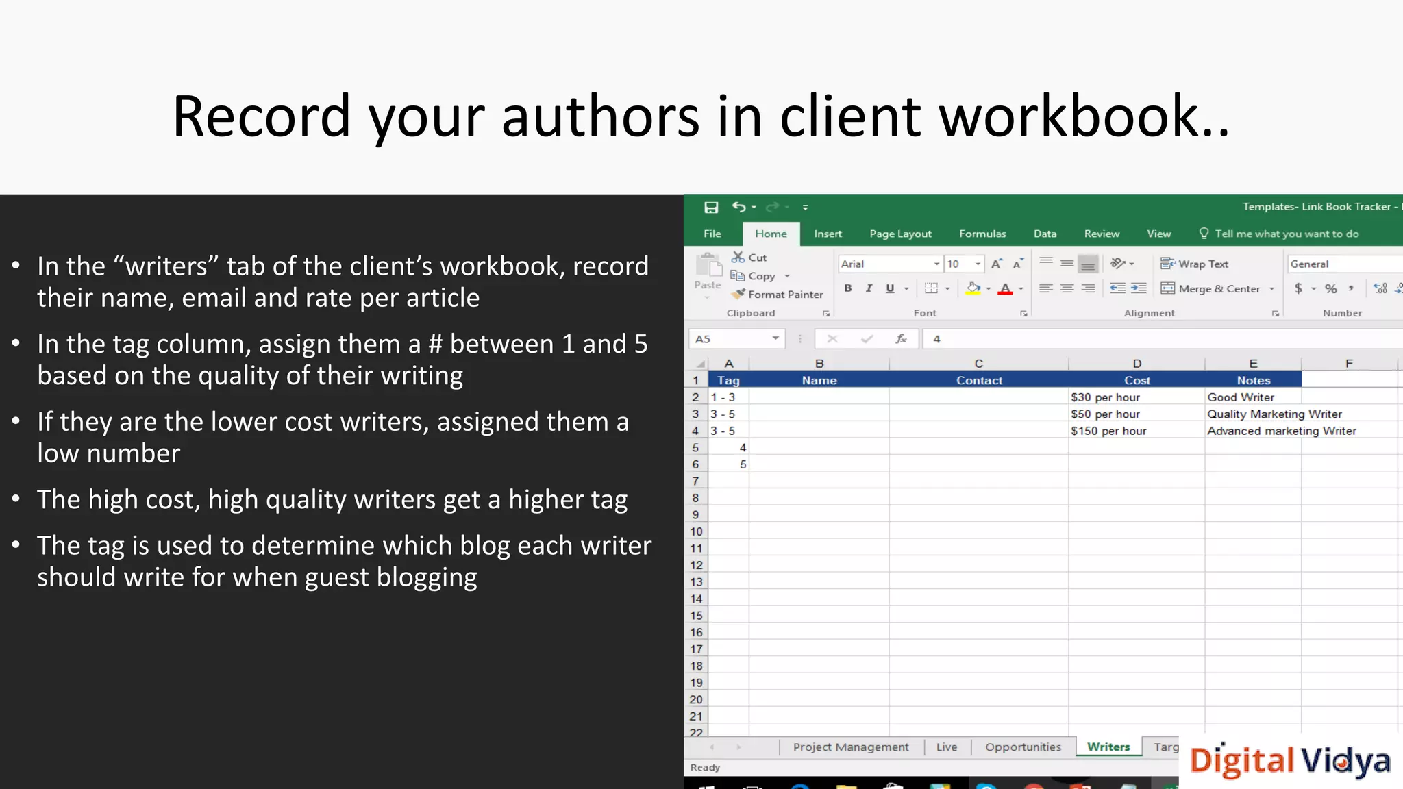 Record your authors in client workbook..
• In the “writers” tab of the client’s workbook, record
their name, email and rate per article
• In the tag column, assign them a # between 1 and 5
based on the quality of their writing
• If they are the lower cost writers, assigned them a
low number
• The high cost, high quality writers get a higher tag
• The tag is used to determine which blog each writer
should write for when guest blogging
 
