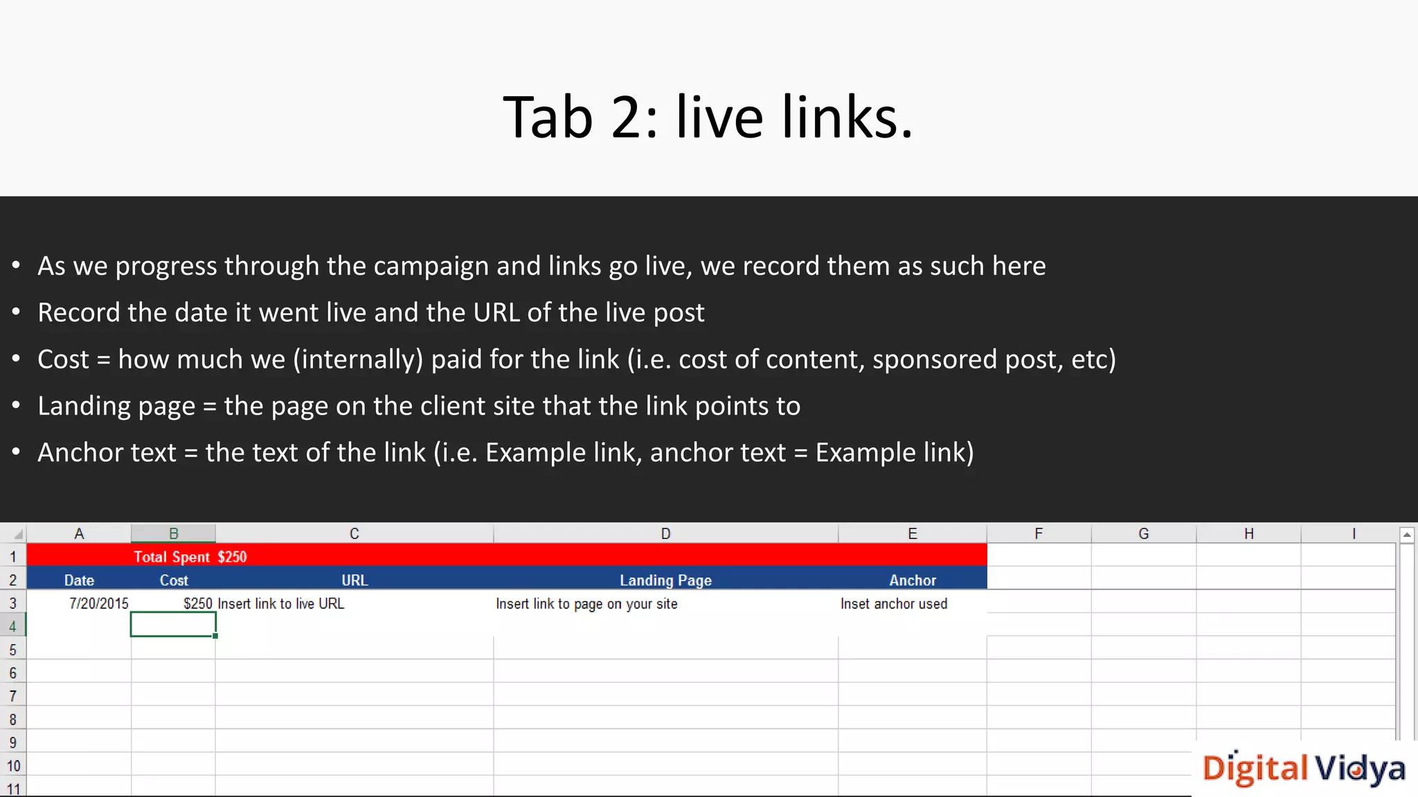 Tab 2: live links.
• As we progress through the campaign and links go live, we record them as such here
• Record the date it went live and the URL of the live post
• Cost = how much we (internally) paid for the link (i.e. cost of content, sponsored post, etc)
• Landing page = the page on the client site that the link points to
• Anchor text = the text of the link (i.e. Example link, anchor text = Example link)
 