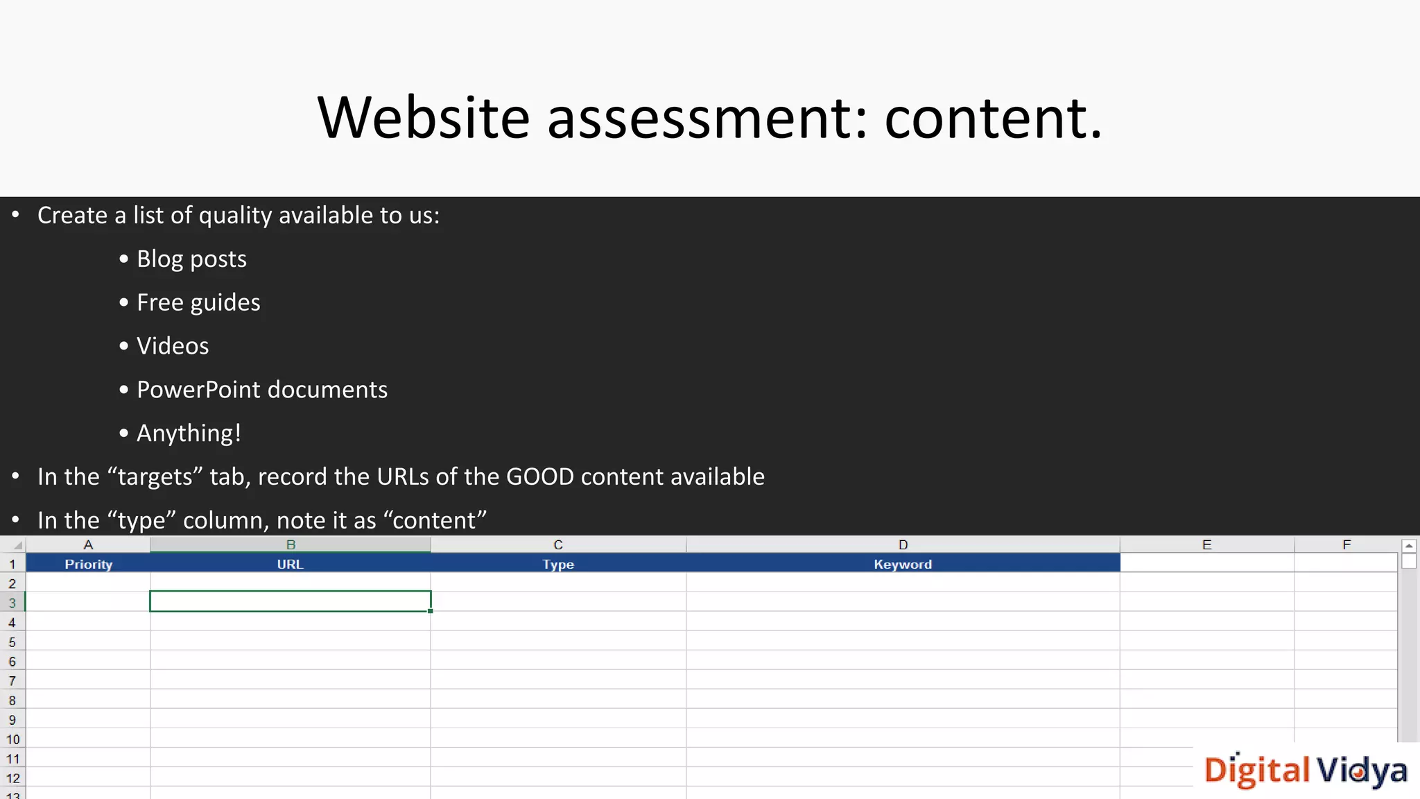 Website assessment: content.
• Create a list of quality available to us:
• Blog posts
• Free guides
• Videos
• PowerPoint documents
• Anything!
• In the “targets” tab, record the URLs of the GOOD content available
• In the “type” column, note it as “content”
 