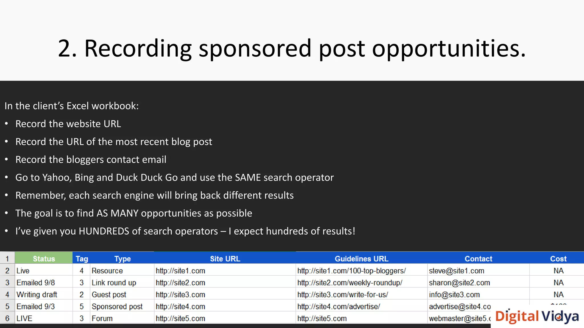 2. Recording sponsored post opportunities.
In the client’s Excel workbook:
• Record the website URL
• Record the URL of the most recent blog post
• Record the bloggers contact email
• Go to Yahoo, Bing and Duck Duck Go and use the SAME search operator
• Remember, each search engine will bring back different results
• The goal is to find AS MANY opportunities as possible
• I’ve given you HUNDREDS of search operators – I expect hundreds of results!
 