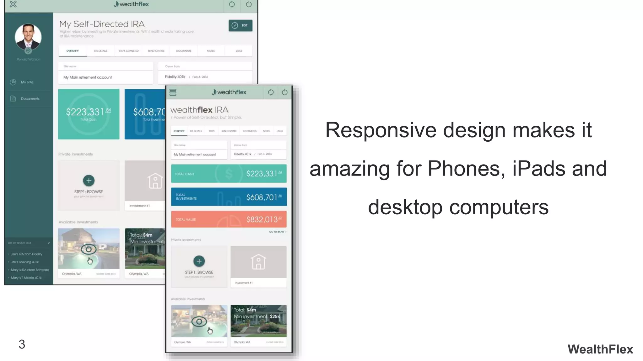 WealthFlex3
Responsive design makes it
amazing for Phones, iPads and
desktop computers
 