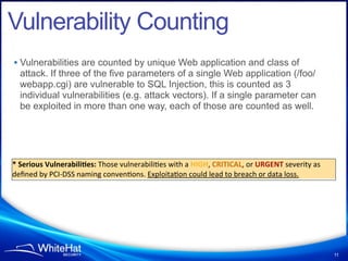 Vulnerability Counting
• Vulnerabilities are counted by unique Web application and class of
   attack. If three of the five parameters of a single Web application (/foo/
   webapp.cgi) are vulnerable to SQL Injection, this is counted as 3
   individual vulnerabilities (e.g. attack vectors). If a single parameter can
   be exploited in more than one way, each of those are counted as well.




*	
  Serious	
  Vulnerabili/es:	
  Those	
  vulnerabili/es	
  with	
  a	
  HIGH,	
  CRITICAL,	
  or	
  URGENT	
  severity	
  as	
  
deﬁned	
  by	
  PCI-­‐DSS	
  naming	
  conven/ons.	
  Exploita/on	
  could	
  lead	
  to	
  breach	
  or	
  data	
  loss.




                                                                                                                                      11
 