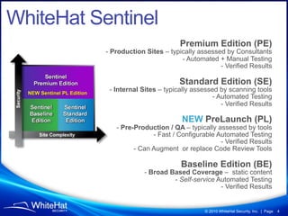 WhiteHat Sentinel
                                                     Premium Edition (PE)
                            - Production Sites – typically assessed by Consultants
                                                     - Automated + Manual Testing
                                                                  - Verified Results

                                                     Standard Edition (SE)
  NEW Sentinel PL Edition
                             - Internal Sites – typically assessed by scanning tools
                                                                 - Automated Testing
                                                                    - Verified Results

                                                      NEW PreLaunch (PL)
                               - Pre-Production / QA – typically assessed by tools
                                           - Fast / Configurable Automated Testing
                                                                  - Verified Results
                                     - Can Augment or replace Code Review Tools

                                                      Baseline Edition (BE)
                                         - Broad Based Coverage – static content
                                                  - Self-service Automated Testing
                                                                  - Verified Results


                                                              © 2010 WhiteHat Security, Inc. | Page   4
 