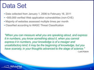 Data Set
• Data collected from January 1, 2006 to February 16, 2011
• ~500,000 verified Web application vulnerabilities (non-CVE)
• Majority of websites assessed multiple times per month
• Classified according to WASC Threat Classification


"When you can measure what you are speaking about, and express
it in numbers, you know something about it, when you cannot
express it in numbers, your knowledge is of a meager and
unsatisfactory kind; it may be the beginning of knowledge, but you
have scarcely, in your thoughts advanced to the stage of science."
                                                                - Lord Kelvin




                                                                                6
 