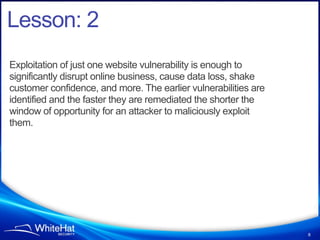Lesson: 2
Exploitation of just one website vulnerability is enough to
significantly disrupt online business, cause data loss, shake
customer confidence, and more. The earlier vulnerabilities are
identified and the faster they are remediated the shorter the
window of opportunity for an attacker to maliciously exploit
them.




                                                                 8
 