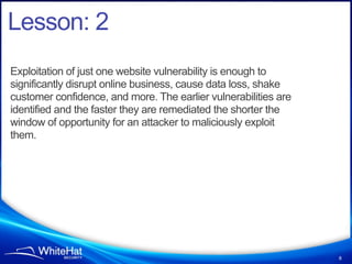 Lesson: 2
Exploitation of just one website vulnerability is enough to
significantly disrupt online business, cause data lo...