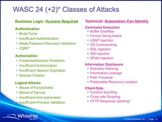 WASC 24 (+2)* Classes of Attacks
Business Logic: Humans Required       Technical: Automation Can Identify
Authentication                        Command Execution
• Brute Force
                                       • Buffer Overflow
                                       • Format String Attack
• Insufficient Authentication
                                       • LDAP Injection
• Weak Password Recovery Validation
                                       • OS Commanding
• CSRF*                                • SQL Injection
                                       • SSI Injection
Authorization
                                       • XPath Injection
• Credential/Session Prediction
• Insufficient Authorization          Information Disclosure
• Insufficient Session Expiration
                                        • Directory Indexing
                                        • Information Leakage
• Session Fixation
                                        • Path Traversal
Logical Attacks                         • Predictable Resource Location
 • Abuse of Functionality             Client-Side
 • Denial of Service                   • Content Spoofing
 • Insufficient Anti-automation        • Cross-site Scripting
 • Insufficient Process Validation     • HTTP Response Splitting*



                                                                © 2009 WhiteHat, Inc. | Page 5
 