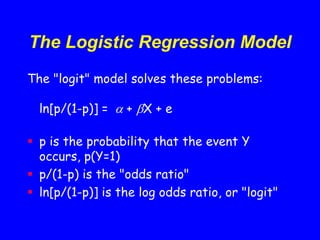 The Logistic Regression Model
The "logit" model solves these problems:
ln[p/(1-p)] =  + X + e
 p is the probability that the event Y
occurs, p(Y=1)
 p/(1-p) is the "odds ratio"
 ln[p/(1-p)] is the log odds ratio, or "logit"
 