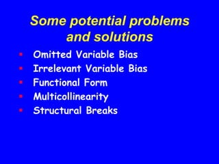 Some potential problems
and solutions
 Omitted Variable Bias
 Irrelevant Variable Bias
 Functional Form
 Multicollinearity
 Structural Breaks
 