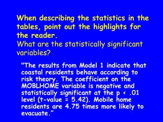 "The results from Model 1 indicate that
coastal residents behave according to
risk theory. The coefficient on the
MOBLHOME variable is negative and
statistically significant at the p < .01
level (t-value = 5.42). Mobile home
residents are 4.75 times more likely to
evacuate.”
When describing the statistics in the
tables, point out the highlights for
the reader.
What are the statistically significant
variables?
 