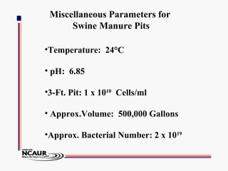 Summary
•Microbial populations of stored swine manure
are dominated by Gram-positive, low %G+C,
anaerobic bacteria.
•The v...