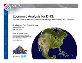 Economic Analysis for DHS:
Microeconomic/Macroeconomic Modeling, Simulation, and Analysis

Briefing to The White House
Washington, D.C.
May 10, 2006

Mark A. Ehlen, Ph.D.
Computational Economics Group
National Systems Modeling & Analysis
Sandia National Laboratories
Albuquerque, NM
maehlen@sandia.gov
 