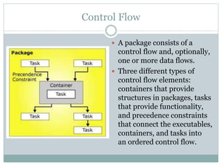 Control Flow
 A package consists of a
control flow and, optionally,
one or more data flows.
 Three different types of
control flow elements:
containers that provide
structures in packages, tasks
that provide functionality,
and precedence constraints
that connect the executables,
containers, and tasks into
an ordered control flow.
 