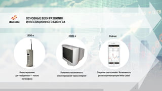 ОСНОВНЫЕ ВЕХИ РАЗВИТИЯ
ИНВЕСТИЦИОННОГО БИЗНЕСА
5
Инвестирование
для «избранных» — только
по телефону
Появляется возможность
инвестирования через интернет
Открытие счета онлайн. Возможность
реализации концепции White Label
1990-е 2000-е Сейчас
 