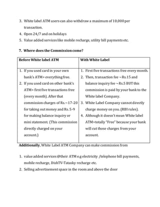 3. White label ATM userscan also withdraw a maximum of 10,000per
transaction.
4. Open 24/7 and on holidays
5. Value added serviceslike mobile recharge, utility bill paymentsetc.
7. Where does the Commissioncome?
Before White label ATM With White Label
1. If you used card in your own
bank’s ATM= everythingfree.
2. If you used card on other bank’s
ATM= firstfive transactions free
(every month). After that
commission charges of Rs.~17-20
for taking outmoney and Rs. 5-9
for making balance inquiry or
ministatement. (This commission
directly charged on your
account.)
1. First five transactions free every month.
2. Then, transaction fee ~Rs.15 and
balance inquiry fee ~Rs.5 BUTthis
commission is paid by your bank to the
White label Company.
3. White Label Company cannotdirectly
charge money on you. (RBIrules).
4. Although it doesn’tmean White label
ATM=totally “Free” because your bank
will cut those charges from your
account.
Additionally, White Label ATM Company can makecommission from
1. valueadded services@their ATM e.g electricity /telephone bill payments,
mobile recharge, DishTV-Tatasky recharge etc.
2. Selling advertisementspace in the room and above the door
 