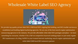 We provide top quality private label SEO, GMB local SEO, ongoing link building, and SEO reseller services to
established and budding digital marketing agencies. We are one of the best search engine optimization
outsourcing agencies in the industry. We provide affordable white label SEO packages and plans – we have
something for everyone, whether it be a full-on competitive keyword ranking project or just some regular
SEO maintenance of a blog. In2SEO is your trusted internet marketing, search engine optimization and
white label GMB local SEO outsource partner.
Wholesale White Label SEO Agency
 