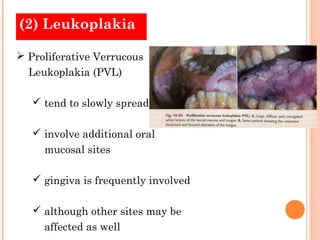 (2) Leukoplakia

 Proliferative Verrucous
  Leukoplakia (PVL)

    tend to slowly spread

    involve additional oral
     mucosal sites

    gingiva is frequently involved

    although other sites may be
     affected as well
 