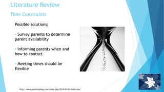 Time Constraints
http://www.positivityblog.com/index.php/2013/01/21/find-time/
Possible solutions;
• Survey parents to determine
parent availability
• Informing parents when and
how to contact
• Meeting times should be
flexible
Literature Review
 