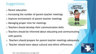 Suggestions
o Parent education
o Increasing the number of parent-teacher meetings
o Improve environment of parent-teacher meetings
o Managing proper time for meetings
o Teachers should develop their communication skills
o Teachers should be informed about educating and communicating
with parents
o Teachers should prepare for parent-teacher meetings adequately
o Teacher should learn about cultural and ethnic differences.
http://www.millbrookprimary.co.uk/?page_id=20
 