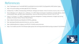 References
 http://3.bp.blogspot.com/-TmoEshRYMF0/UsirwILDy0I/AAAAAAAADVU/JeyIYpmmSi8/s1600/Untitled+2.jpeg
 http://www.positivityblog.com/index.php/2013/01/21/find-time/
 Graham-Clay, S. (2005). Communicating with Parents: Strategies for Teachers. School Community Journal, 16(1), 117-129.
 Hoover-Dempsey, K. V., Bassler, O. C., & Brissie, J. S. (1987). Parent involvement: Contributions of teacher efficacy, school
socioeconomic status, and other school characteristics. American Educational Research Journal, 24(3), 417-435.
 Jones, V. F. & Jones, L. S. (2007). Comprehensive classroom management: Creating communities of support and solving
problems, 9th edition. Boston: Pearson/Allyn & Bacon.
 https://upload.wikimedia.org/wikipedia/en/6/6b/Bar_graph.png
 http://greatergood.berkeley.edu/article/item/you_cant_buy_empathy
 https://publichealthstories.wordpress.com/2014/01/14/obesity-and-social-roots/
 https://www.sikh24.com/2015/10/25/human-rights-groups-rule-out-foreign-hands-behind-sacrilege-incidents/#.VjULFPnhChc
 