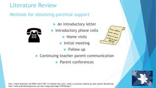 Methods for obtaining parental support
 An introductory letter
 Introductory phone cells
 Home visits
 Initial meeting
 Follow up
 Continuing teacher parent communication
 Parent conferences
Literature Review
http://img15.deviantart.net/85f6/i/2013/187/1/2/android_mlp_icons__letter_to_princess_celestia_by_dark_samus1-d6cau9i.png
http://www.publicdomainpictures.net/view-image.php?image=41991&large=1
 