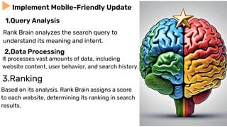 Rank Brain analyzes the search query to
understand its meaning and intent.
Implement Mobile-Friendly Update
1.Query Analysis
It processes vast amounts of data, including
website content, user behavior, and search history.
2,Data Processing
3.Ranking
Based on its analysis, Rank Brain assigns a score
to each website, determining its ranking in search
results.
 