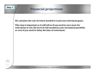 Services Financiers Whitemont inc. - Financial Services Firm 17 / 23
Financial projections
We calculate the rate of return needed to reach you retirement goals ;
This step is important as it will tell us if you need to save more for 
retirement or not, the level of risk needed in your investment portfolio 
or even if you need to delay the time of retirement.
Step 1
 