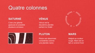 Quatre colonnes
PLUTON
SATURNE
C’est une géante
gazeuse et possède
plusieurs anneaux
VÉNUS
Vénus est la
deuxième planète
partant du Soleil
Pluton est désormais
considérée comme
une planète naine
MARS
Malgré sa couleur
rouge, Mars est en
fait un endroit froid
 