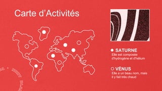 Carte d’Activités
Elle a un beau nom, mais
il y fait très chaud
VÉNUS
SATURNE
Elle est composée
d'hydrogène et d'hélium
 