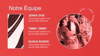 Notre Équipe
JENNA DOE
TIMMY JIMMY
Vous pouvez parler ici un
peu de cette personne
Vous pouvez parler ici un
peu de cette personne
SUSAN BONES
Vous pouvez parler ici un
peu de cette personne
 