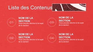 Liste des Contenus
Vous pouvez décrire ici le sujet
de la section
NOM DE LA
SECTION
NOM DE LA
SECTION
Vous pouvez décrire ici le sujet
de la section
NOM DE LA
SECTION
Vous pouvez décrire ici le sujet
de la section
NOM DE LA
SECTION
Vous pouvez décrire ici le sujet
de la section
 