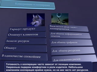 Готовность к кооперации часто зависит от позиции компании.
Уверенным лидерам комфортнее в роли издателя. Небольшим
компаниям кооперация крайне нужна, но на нее часто нет ресурсов.
 