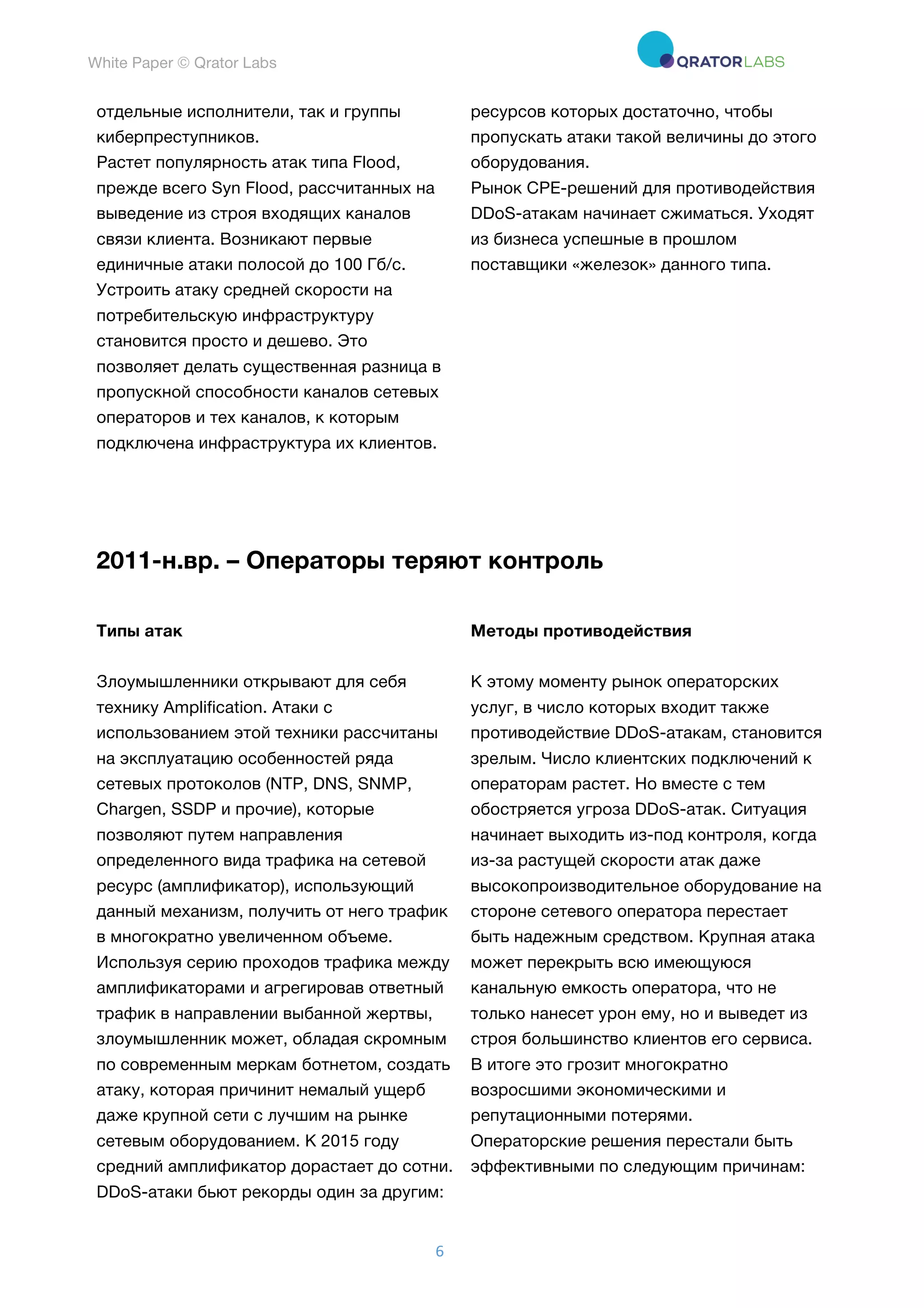 White Paper © Qrator Labs
6	
отдельные исполнители, так и группы
киберпреступников.
Растет популярность атак типа Flood,
прежде всего Syn Flood, рассчитанных на
выведение из строя входящих каналов
связи клиента. Возникают первые
единичные атаки полосой до 100 Гб/с.
Устроить атаку средней скорости на
потребительскую инфраструктуру
становится просто и дешево. Это
позволяет делать существенная разница в
пропускной способности каналов сетевых
операторов и тех каналов, к которым
подключена инфраструктура их клиентов.
ресурсов которых достаточно, чтобы
пропускать атаки такой величины до этого
оборудования.
Рынок CPE-решений для противодействия
DDoS-атакам начинает сжиматься. Уходят
из бизнеса успешные в прошлом
поставщики «железок» данного типа.
2011-н.вр. – Операторы теряют контроль
Типы атак Методы противодействия
Злоумышленники открывают для себя
технику Amplification. Атаки с
использованием этой техники рассчитаны
на эксплуатацию особенностей ряда
сетевых протоколов (NTP, DNS, SNMP,
Chargen, SSDP и прочие), которые
позволяют путем направления
определенного вида трафика на сетевой
ресурс (амплификатор), использующий
данный механизм, получить от него трафик
в многократно увеличенном объеме.
Используя серию проходов трафика между
амплификаторами и агрегировав ответный
трафик в направлении выбанной жертвы,
злоумышленник может, обладая скромным
по современным меркам ботнетом, создать
атаку, которая причинит немалый ущерб
даже крупной сети с лучшим на рынке
сетевым оборудованием. К 2015 году
средний амплификатор дорастает до сотни.
DDoS-атаки бьют рекорды один за другим:
К этому моменту рынок операторских
услуг, в число которых входит также
противодействие DDoS-атакам, становится
зрелым. Число клиентских подключений к
операторам растет. Но вместе с тем
обостряется угроза DDoS-атак. Ситуация
начинает выходить из-под контроля, когда
из-за растущей скорости атак даже
высокопроизводительное оборудование на
стороне сетевого оператора перестает
быть надежным средством. Крупная атака
может перекрыть всю имеющуюся
канальную емкость оператора, что не
только нанесет урон ему, но и выведет из
строя большинство клиентов его сервиса.
В итоге это грозит многократно
возросшими экономическими и
репутационными потерями.
Операторские решения перестали быть
эффективными по следующим причинам:
 