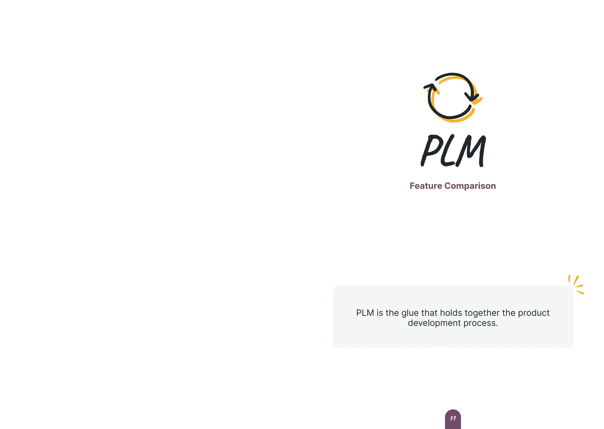 PLM
Feature Comparison
PLM is the glue that holds together the product
development process.
39
 