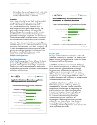Systematisch zur Application Readiness
8
• Das Feedback über eine erfolgreiche/nicht erfolgreiche
Bereitstellung wird dazu benutzt, die Servicequalität
proaktiv und kontinuierlich zu verbessern.
Ergebnisse
Level 4 bietet zahlreiche Vorteile: Die IT benötigt erheblich
weniger Zeit zur Auslieferung neuer Anwendungen.
Zudem sinken die Kosten dank höherer Effizienz
und fundierter Bedarfsplanung. Außerdem ist die IT
enger mit den geschäftlichen Prozessen verzahnt: Sie
kann proaktiv handeln und muss nicht erst auf die
Bedarfsmeldungen der Anwender warten. Sie kann den
Geschäftsbereichsverantwortlichen Empfehlungen zu
geeigneten Anwendungen aussprechen. Sie kann Service-
Level-Agreements effektiv verwalten und den Zeitaufwand
zum Ausrollen neuer Anwendungen präzise voraussagen.
Indem die IT den Benutzern einen Anwendungs-Self-Service
einrichtet, steigert sie die Endbenutzerproduktivität und trägt
zur höheren Zufriedenheit bei. Doch damit nicht genug: Die
IT macht das Anwendungsportfolio zukunftssicher, indem
sie neue Anwendungen umgehend hinzufügen und neue
Technologien schnell einführen kann, wie mobile
Geräte, wodurch das Unternehmen seine
Wettbewerbsfähigkeit wahrt.
Technologische Lösungen
Wie in Abb. 3 gezeigt, bietet Flexera Software für alle vier
Grade des Reifegradmodells zur Application Readiness
geeignete Technologien an. Die jeweiligen Komponenten
lassen sich im Zuge der Weiterentwicklung der Prozesse
problemlos und nacheinander hinzufügen. Die Komponenten
sind bereits vorkonfektioniert.
Praxisbewährt
Lösungen von Flexera Software unterstützen Kunden auf
ihrem Weg zur Application Readiness. Den hohen Nutzen
belegen auch die von TechValidate bei Kunden von Flexera
Software durchgeführten Befragungen.
AdminStudio. Gibt IT-Teams hochentwickelte Werkzeuge
für die Anwendungspaketierung an die Hand. Die Lösung
umfasst zudem den vollständigen Funktionsumfang
für automatisierte MSI-Paketierung, Anpassung, Test
und Reporting. In Benchmarktests wurde eine bis zu
70%ige Zeitersparnis bei der Anwendungsvorbereitung
nachgewiesen. Die Lösung übergibt die Pakete nahtlos zur
schnellen und verlässlichen Auslieferung an andere führende
Softwarebereitstellungswerkzeuge.
AdminStudio Suite. Die treibende Kraft hinter den
Unternehmensprozessen zur Planung, Paketierung
und Bereitstellung physischer, virtueller und mobiler
Anwendungen, damit schnelle Serviceleistungen und
eine kontinuierliche und kalkulierbare Bereitstellung
in zunehmend komplexen Computing-Umgebungen
gewährleistet sind. Automatisierung, Integration
mit führenden Softwareverteilungswerkzeugen
und Workflow-Funktionen tragen dazu bei,
routinemäßige Paketierungsvorgänge zu optimieren
und den Zeit- und Kostenaufwand in den Bereichen
Anwendungsvirtualisierung, Management mobiler
Anwendungen, Windows-Migrationen sowie Desktop- und
Server-Upgrades zu reduzieren.
 
