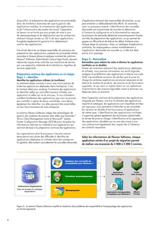 Préparation continue des applications en six étapes
4
Aujourd’hui, la préparation des applications est primordiale
dans de nombreux domaines tels que la gestion des
applications mobiles, la virtualisation des applications
et de l’infrastructure des postes de travail. Cependant,
ce besoin ne se limite pas aux projets de mise à jour,
de réempaquetage et de déploiement que les entreprises
réalisent chaque année sur 30 % de leurs applications.
Il englobe également la garantie d’un déploiement
continu des applications.
Cet article décrit les six étapes essentielles du processus de
préparation des applications, présente les principales tâches
associées à chaque phase et explique comment les solutions
Flexera®
Software, AdminStudio Suite et App Portal, peuvent
réduire les risques et les coûts liés aux transitions de service,
par une approche cohérente de la distribution régulière de
services applicatifs.
Préparation continue des applications en six étapes
Étape 1 – Identifier
Identifier les applications utilisées (et inutilisées)
La première étape consiste à avoir une vision précise de
toutes les applications déployées dans l’entreprise. C’est
le moment idéal pour analyser l’inventaire des applications
et identifier celles qui sont effectivement utilisées, par
opposition à celles qui ne le sont pas. Si vos utilisateurs
installent localement des applications que vous ne pouvez
pas contrôler ni gérer de façon centralisée, vous devez
également les identifier, car elles peuvent être essentielles
au bon fonctionnement de votre entreprise.
La solution Flexera Software intègre des technologies de
gestion des systèmes de premier plan telles que Symantec™
Altiris Client Management Suite et Microsoft™
System
Center Configuration Manager (SCCM) pour récupérer les
informations relatives au matériel et aux applications qui
serviront de base à la préparation continue des applications.
Les organisations dont le processus n’est pas mature
éprouveront sans doute des difficultés à identifier les
applications déployées et utilisées dans leur entreprise.
En général, elles traitent manuellement les nouvelles demandes
d’application émanant des responsables de branche, ce qui
peut entraîner un dédoublement des efforts. En revanche,
avec un processus mature, l’identification des nouvelles
demandes est automatisée de manière à déterminer
à l’avance la configuration et la documentation requises.
Le processus de demande déclenche automatiquement d’autres
activités de préparation des applications, ce qui permet de
gagner en efficacité et de réduire les délais d’attente entre
chaque étape du processus. Avec un catalogue d’applications
centralisé, les empaqueteurs savent immédiatement si
l’application demandée est nouvelle ou si elle fait déjà
partie d’un package.
Étape 2 – Rationaliser
Rationaliser pour réduire les coûts et éliminer les applications
inutilisées ou en doublon
Grâce cet inventaire exhaustif des applications déployées
et utilisées, vous pourrez rationaliser vos actifs logiciels,
endiguer la prolifération des applications et réduire vos coûts.
Voilà une excellente occasion de vérifier que la prise en
charge de certaines applications est encore nécessaire et de
réduire le nombre de produits, de versions et de fournisseurs
supportés, ce qui aura un impact direct sur vos opérations
d’optimisation des licences logicielles visant à diminuer vos
dépenses dans ce domaine.
Avec l’approche continue de la préparation des applications
imaginée par Flexera, une fois l’inventaire des applications
importé et catalogué, les applications sont classifiées et triées
par type pour vous permettre d’identifier et de consolider
les versions en double et les fournisseurs d’applications
de même type. L’identification des applications inutilisées
à supprimer génère également des économies substantielles
en termes de prise en charge. L’identification et la suppression
des applications obsolètes qui ne sont plus mises à jour
vous prémuniront également des risques liés à l’absence
de correctifs importants.
Selon les informations de Flexera Software, chaque
application retirée d’un projet de migration permet
de réaliser une économie de 3 000 à 5 000 $ environ.
Figure 2 : la solution Flexera Software simplifie la résolution des problèmes de compatibilité et l’empaquetage des applications
au format approprié.
 