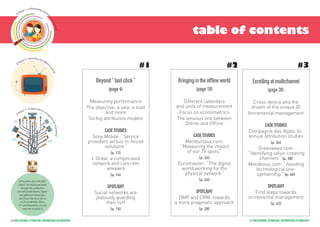 [ This guinea pig is the EBG’s
mascot. He will be your guide
through this publication
and will provide details, figures
and additional information.
And if you stop by to see us
at 10 rue Mercœur (Paris,
11th
 arrondissement), you can
meet him in person. ]
5 // Multichannel attribution, contribution & optimisation4 // Multichannel attribution, contribution & optimisation
Beyond “ last click ”
(page 6)
Measuring performance
The objective: a sale, a lead
and more
Six big attribution models
Case studies
Sony Mobile: “ Service
providers versus in-house
solutions ”
(p. 12)
L’Oréal: a complicated
network and concrete
answers
(p. 14)
Spotlight
Social networks are
jealously guarding
their turf
(p. 16)
table of contents
#1 #2 #3
[ Chapter 1: understanding attributi
on-contribution ]
[ Chapter 2: reconciling two differen
tworlds ]
[ Chapter 3: in-depth look at manag
ementbyincrements ]
Excellingatmultichannel
(page 30)
Cross-device and the
dream of the unique ID
Incremental management
Case studies
Compagnie des Alpes: bi-
annual attribution studies
(p. 36)
Greenweez.com:
“ Identifying value-creating
channels ” (p. 38)
Motoblouz.com: “ Avoiding
technological one-
upmanship ” (p. 40)
Spotlight
First steps towards
incremental management
(p. 42)
Bringingintheofflineworld
(page 18)
Different calendars
and units of measurement
Focus on econometrics
The tenuous link between
Online and Offline
Case studies
Meilleurtaux.com:
“ Measuring the impact
of our TV spots ”
(p. 24)
Euromaster: “ The digital
world working for the
physical network ”
(p. 26)
Spotlight
DMP and CRM: towards
a more pragmatic approach
(p. 28)
 