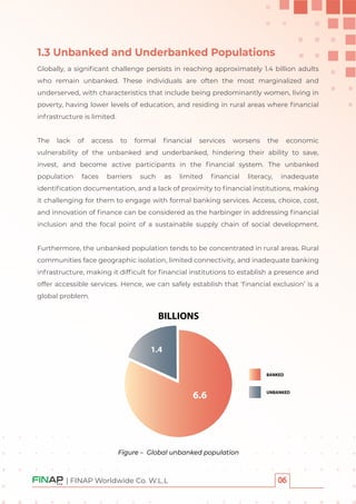 Globally, a signiﬁcant challenge persists in reaching approximately 1.4 billion adults
who remain unbanked. These individuals are often the most marginalized and
underserved, with characteristics that include being predominantly women, living in
poverty, having lower levels of education, and residing in rural areas where ﬁnancial
infrastructure is limited.
The lack of access to formal ﬁnancial services worsens the economic
vulnerability of the unbanked and underbanked, hindering their ability to save,
invest, and become active participants in the ﬁnancial system. The unbanked
population faces barriers such as limited ﬁnancial literacy, inadequate
identiﬁcation documentation, and a lack of proximity to ﬁnancial institutions, making
it challenging for them to engage with formal banking services. Access, choice, cost,
and innovation of ﬁnance can be considered as the harbinger in addressing ﬁnancial
inclusion and the focal point of a sustainable supply chain of social development.
Furthermore, the unbanked population tends to be concentrated in rural areas. Rural
communities face geographic isolation, limited connectivity, and inadequate banking
infrastructure, making it difﬁcult for ﬁnancial institutions to establish a presence and
offer accessible services. Hence, we can safely establish that ‘ﬁnancial exclusion’ is a
global problem.
1.3 Unbanked and Underbanked Populations
Figure – Global unbanked population
| FINAP Worldwide Co. W.L.L
6.6
1.4
BILLIONS
BANKED
UNBANKED
 