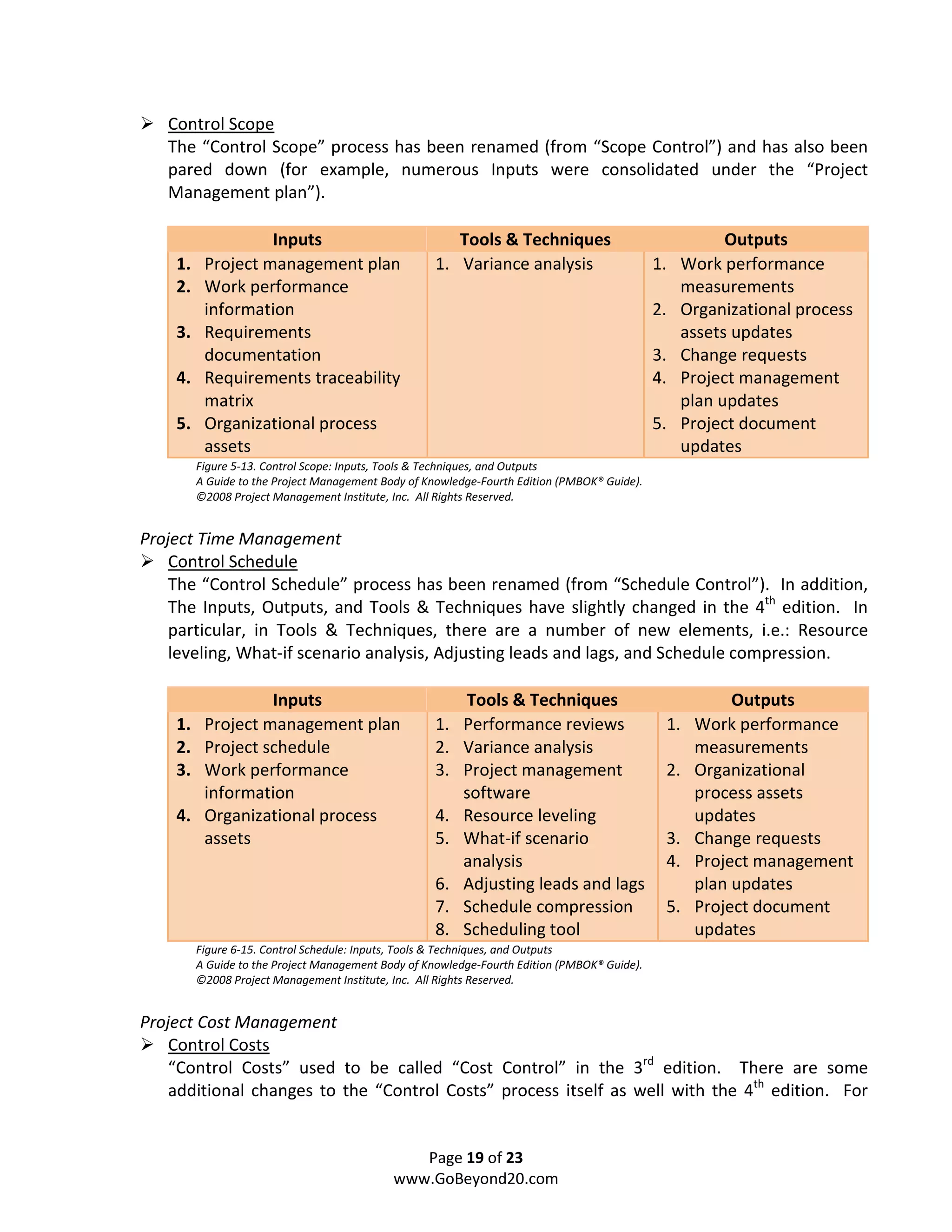 Control Scope
   The “Control Scope” process has been renamed (from “Scope Control”) and has also been
   pared down (for example, numerous Inputs were consolidated under the “Project
   Management plan”).

                   Inputs                              Tools & Techniques                                Outputs
    1.    Project management plan                   1. Variance analysis                      1.   Work performance
    2.    Work performance                                                                         measurements
          information                                                                         2.   Organizational process
    3.    Requirements                                                                             assets updates
          documentation                                                                       3.   Change requests
    4.    Requirements traceability                                                           4.   Project management
          matrix                                                                                   plan updates
    5.    Organizational process                                                              5.   Project document
          assets                                                                                   updates
         Figure 5-13. Control Scope: Inputs, Tools & Techniques, and Outputs
         A Guide to the Project Management Body of Knowledge-Fourth Edition (PMBOK® Guide).
         ©2008 Project Management Institute, Inc. All Rights Reserved.


Project Time Management
    Control Schedule
    The “Control Schedule” process has been renamed (from “Schedule Control”). In addition,
    The Inputs, Outputs, and Tools & Techniques have slightly changed in the 4th edition. In
    particular, in Tools & Techniques, there are a number of new elements, i.e.: Resource
    leveling, What-if scenario analysis, Adjusting leads and lags, and Schedule compression.

                   Inputs                                 Tools & Techniques                             Outputs
    1.    Project management plan                   1.    Performance reviews                  1.   Work performance
    2.    Project schedule                          2.    Variance analysis                         measurements
    3.    Work performance                          3.    Project management                   2.   Organizational
          information                                     software                                  process assets
    4.    Organizational process                    4.    Resource leveling                         updates
          assets                                    5.    What-if scenario                     3.   Change requests
                                                          analysis                             4.   Project management
                                                    6.    Adjusting leads and lags                  plan updates
                                                    7.    Schedule compression                 5.   Project document
                                                    8.    Scheduling tool                           updates
         Figure 6-15. Control Schedule: Inputs, Tools & Techniques, and Outputs
         A Guide to the Project Management Body of Knowledge-Fourth Edition (PMBOK® Guide).
         ©2008 Project Management Institute, Inc. All Rights Reserved.


Project Cost Management
    Control Costs
    “Control Costs” used to be called “Cost Control” in the 3rd edition. There are some
    additional changes to the “Control Costs” process itself as well with the 4th edition. For


                                                Page 19 of 23
                                             www.GoBeyond20.com
 