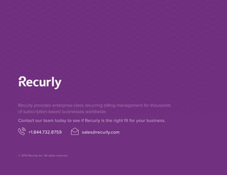 Recurly provides enterprise-class recurring billing management for thousands
of subscription-based businesses worldwide.
Contact our team today to see if Recurly is the right fit for your business.
+1.844.732.8759 sales@recurly.com
? 2015 Recurly, Inc. All rights reserved.
 