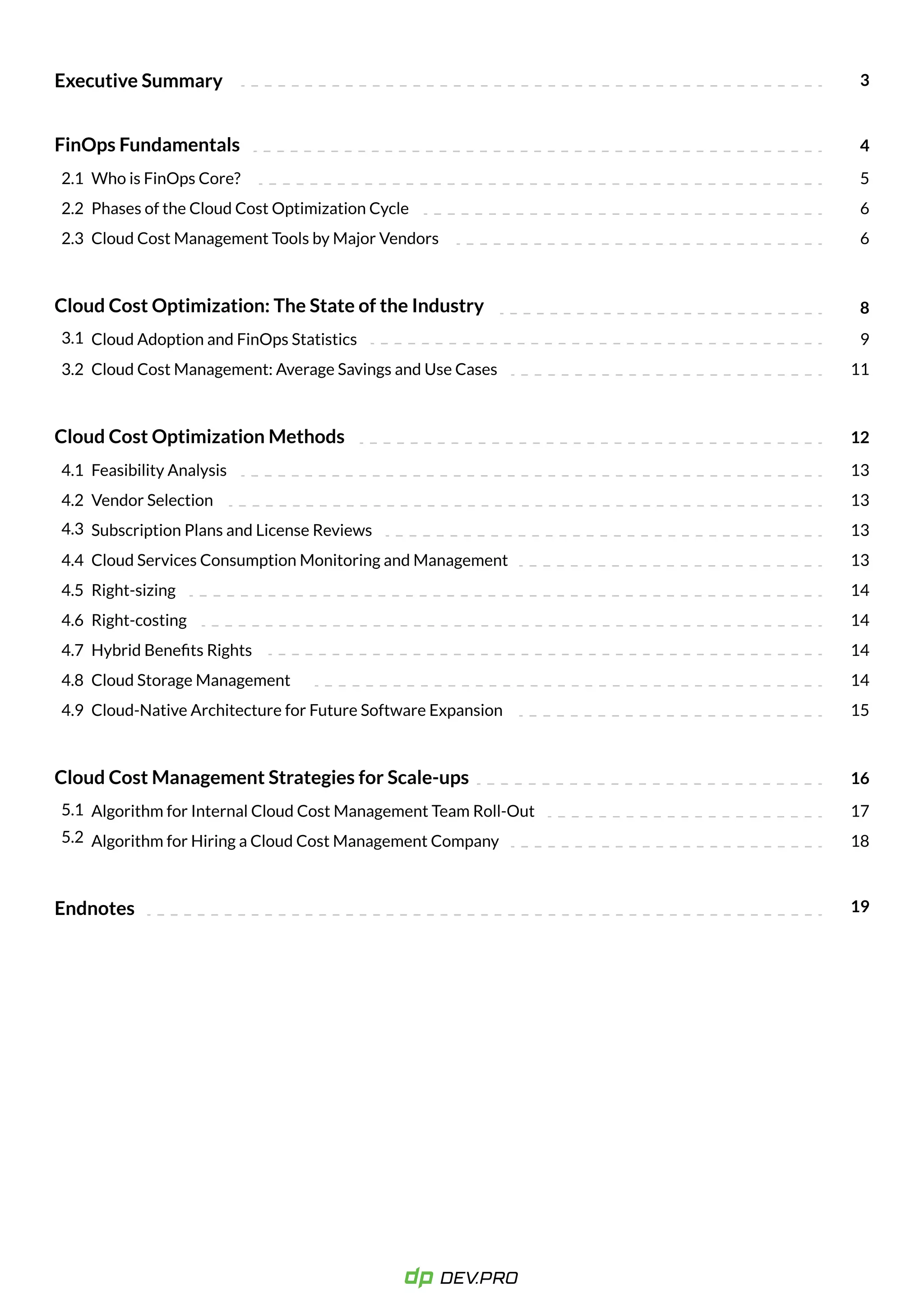 Executive Summary
FinOps Fundamentals
Cloud Cost Optimization: The State of the Industry
Cloud Cost Optimization Methods
Who is FinOps Core?

Phases of the Cloud Cost Optimization Cycle	

Cloud Cost Management Tools by Major Vendors
Cloud Adoption and FinOps Statistics	

Cloud Cost Management: Average Savings and Use Cases
Feasibility Analysis	

Vendor Selection	

Subscription Plans and License Reviews	

Cloud Services Consumption Monitoring and Management	

Right-sizing	

Right-costing	

Hybrid Benefits Rights	

Cloud Storage Management	

Cloud-Native Architecture for Future Software Expansion
3
2.1
3.1
4.1
5.1
5.2
4.2
4.3
4.4
4.5
4.6
4.7
4.8
4.9
3.2
2.2
2.3
8
12
4
5
6
6
9
11
13
13
13
13
14
14
14
14
15
Cloud Cost Management Strategies for Scale-ups
Endnotes
Algorithm for Internal Cloud Cost Management Team Roll-Out	

Algorithm for Hiring a Cloud Cost Management Company
16
19
17
18
 