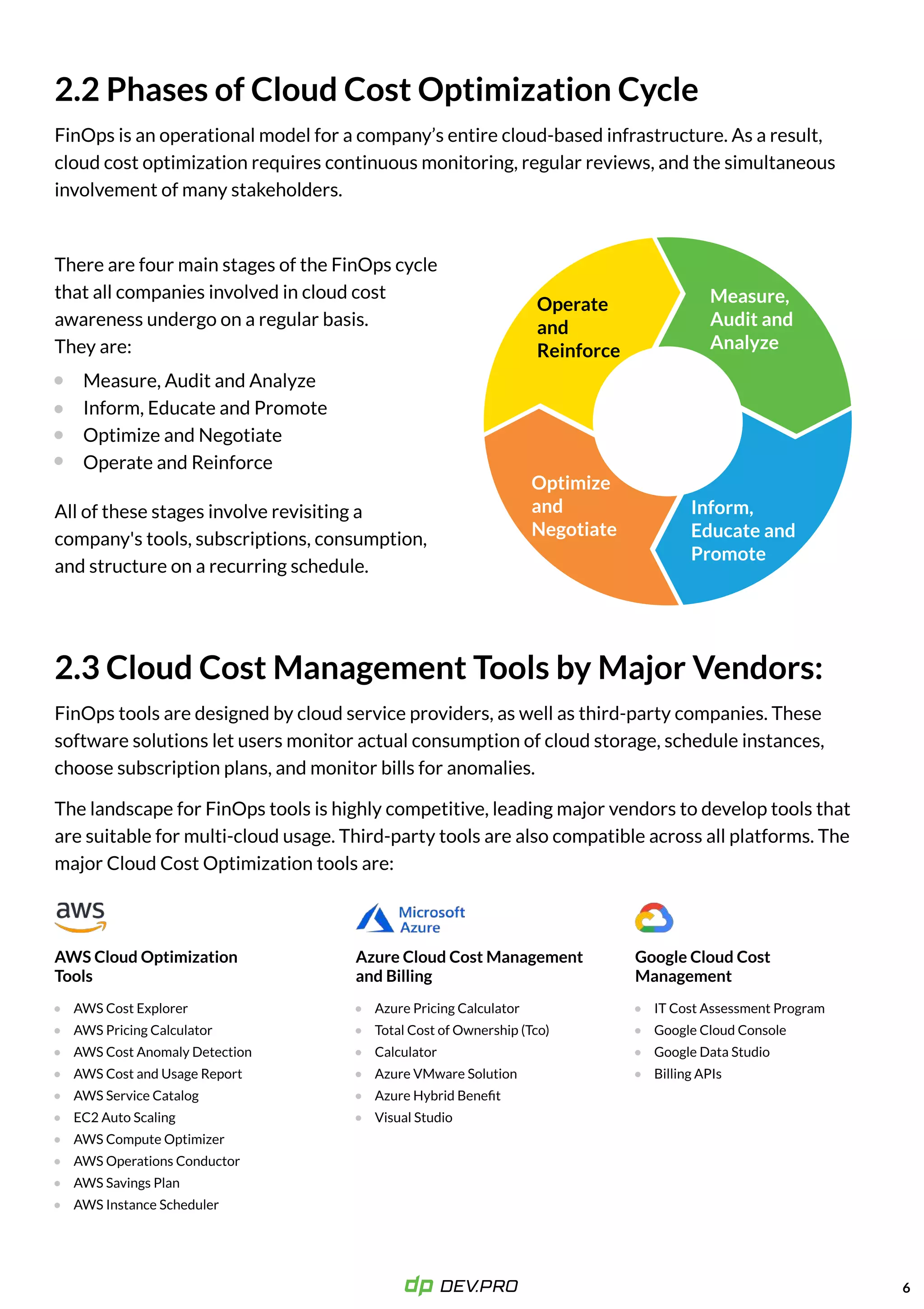 2.2 Phases of Cloud Cost Optimization Cycle
FinOps is an operational model for a company’s entire cloud-based infrastructure. As a result,
cloud cost optimization requires continuous monitoring, regular reviews, and the simultaneous
involvement of many stakeholders.
There are four main stages of the FinOps cycle
that all companies involved in cloud cost
awareness undergo on a regular basis.  
They are:
All of these stages involve revisiting a
company's tools, subscriptions, consumption,
and structure on a recurring schedule.
6
Measure, Audit and Analyze

Inform, Educate and Promote

Optimize and Negotiate

Operate and Reinforce
IT Cost Assessment Program

Google Cloud Console

Google Data Studio

Billing APIs
Google Cloud Cost
Management
AWS Cost Explorer

AWS Pricing Calculator

AWS Cost Anomaly Detection

AWS Cost and Usage Report

AWS Service Catalog

EC2 Auto Scaling

AWS Compute Optimizer

AWS Operations Conductor

AWS Savings Plan

AWS Instance Scheduler
AWS Cloud Optimization
Tools
Azure Pricing Calculator

Total Cost of Ownership (Tco)
Calculator

Azure VMware Solution

Azure Hybrid Benefit

Visual Studio
Azure Cloud Cost Management
and Billing
Measure,
Audit and
Analyze
Inform,
Educate and
Promote
Optimize
and
Negotiate
Operate
and
Reinforce
2.3Cloud Cost Management Tools by MajorVendors:
FinOps tools are designed by cloud service providers, as well as third-party companies. These
software solutions let users monitor actual consumption of cloud storage, schedule instances,
choose subscription plans, and monitor bills for anomalies. 

The landscape for FinOps tools is highly competitive, leading major vendors to develop tools that
are suitable for multi-cloud usage. Third-party tools are also compatible across all platforms. The
major Cloud Cost Optimization tools are:

 